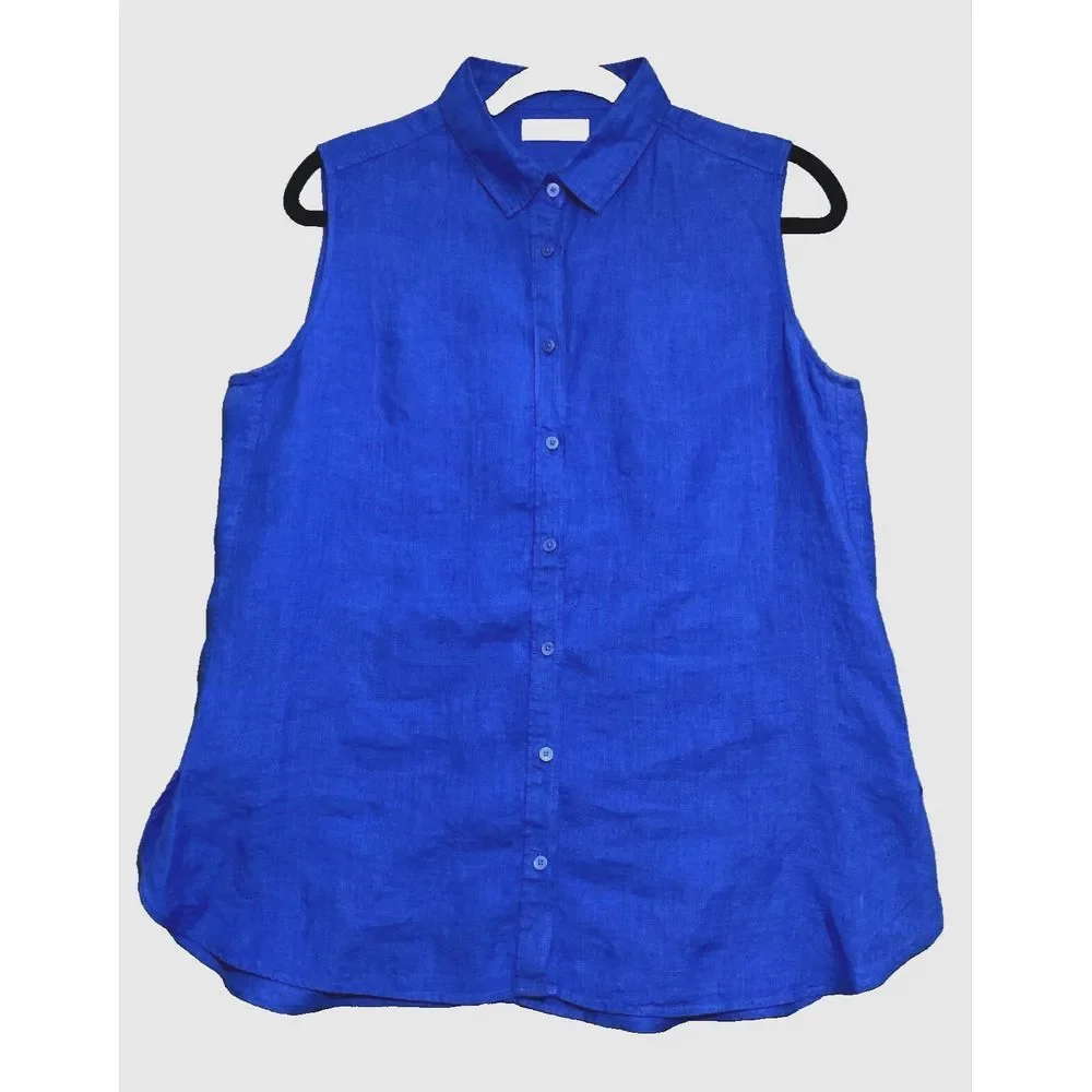Uniqlo Women's 100% Linen Size Large Cobalt Blue Button Up Sleeveless top - Picture 2 of 5